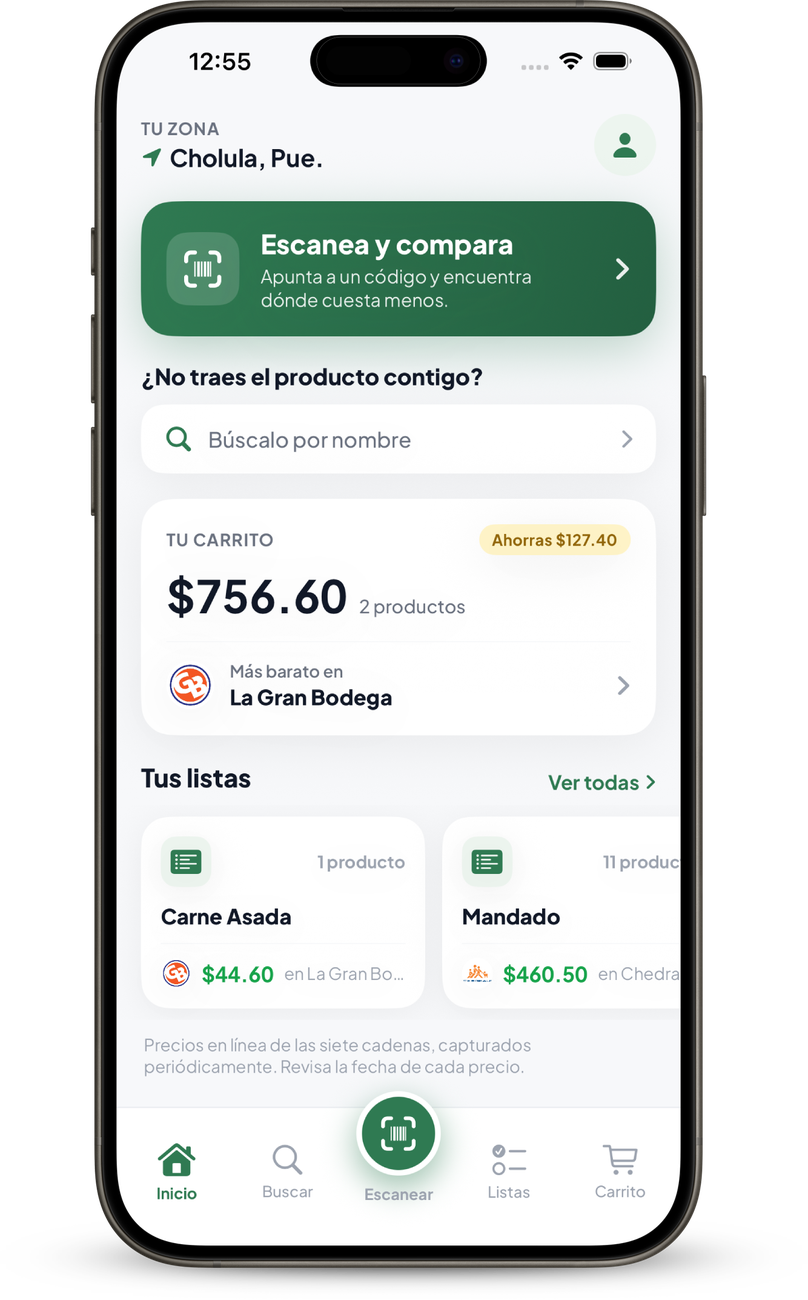 Pantalla de inicio de Chécalo con tu zona, carrito y listas