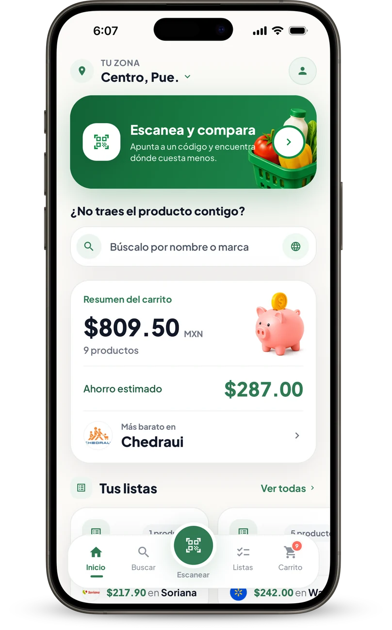 Pantalla de inicio de Chécalo con tu zona, carrito y listas